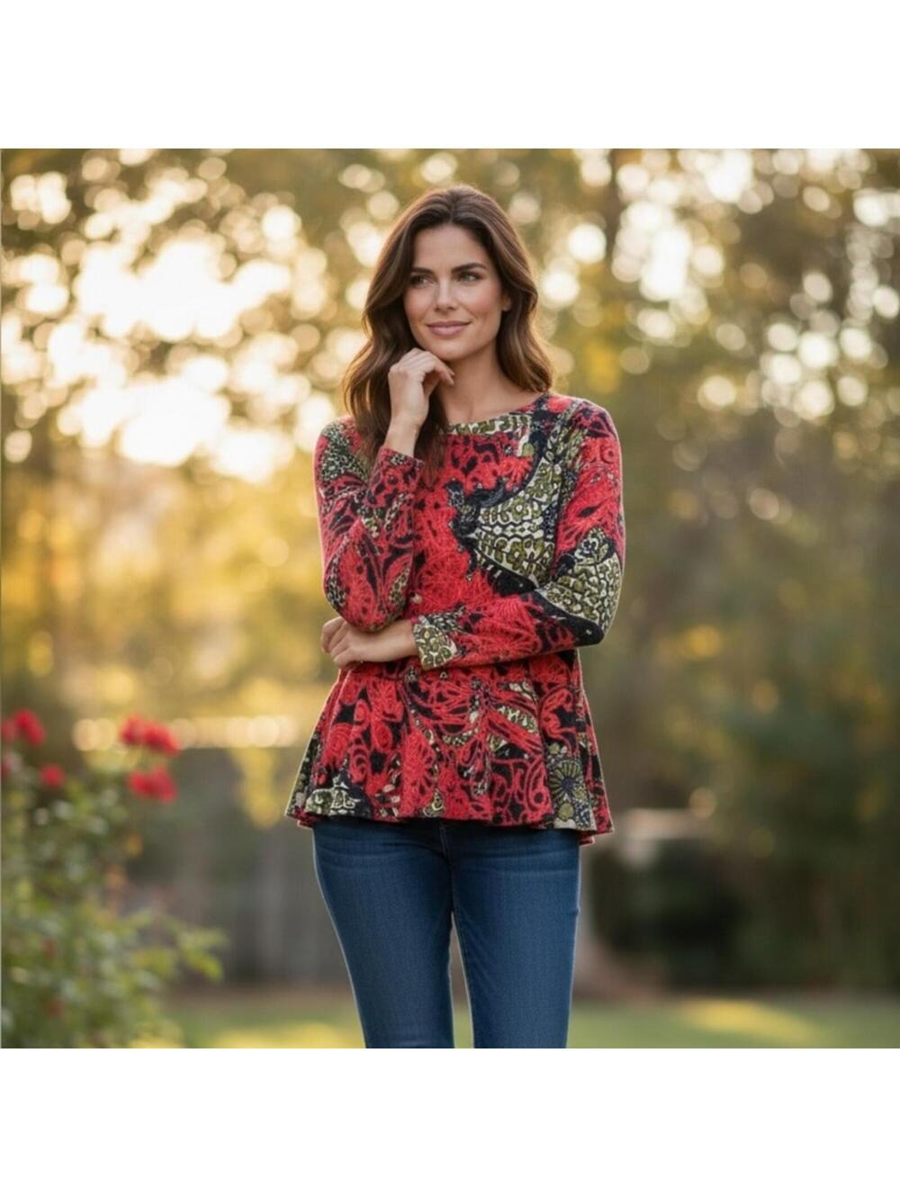 Nally & Millie Women's Long Sleeve Peplum Top in Red Multi 992
